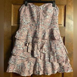 Nicola Antoni Pink Strapless Ruffle Tiered Floral Dress